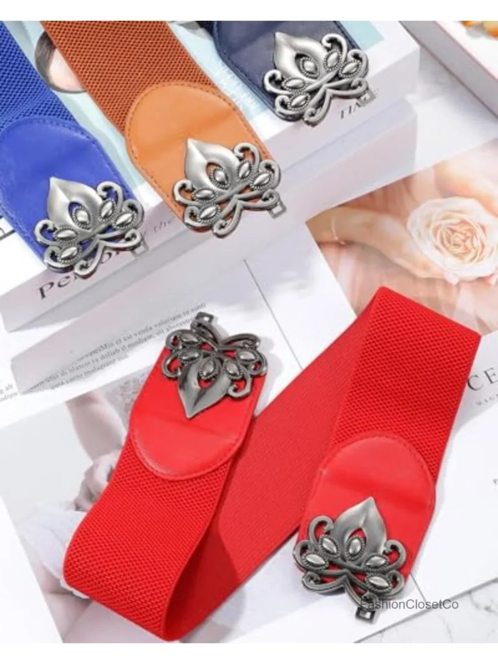 Women's Wide Stretchy Waist Belt PU Leather Vintage Flower Buckle Retro Elastic